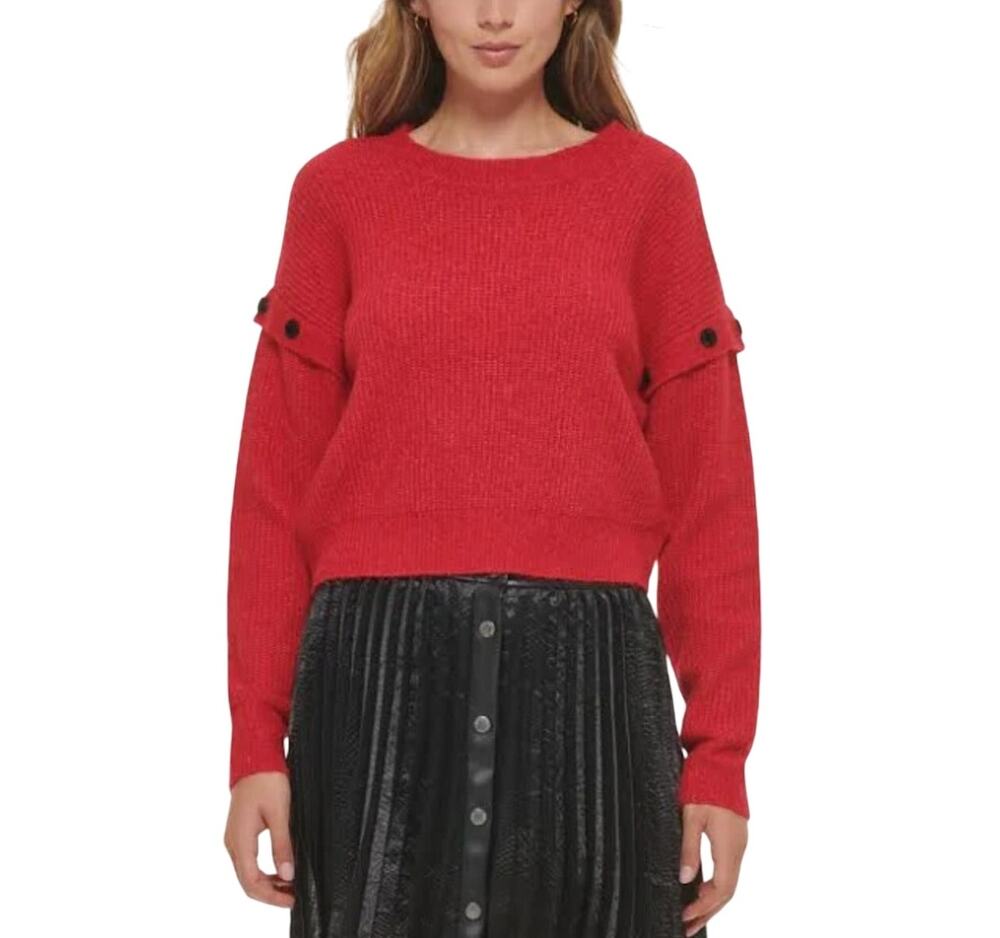 DKNY JEANS Women's Pullover Sweater Medium Scarlet Red Button Detail NWT